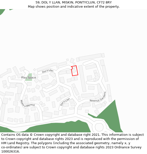 59, DOL Y LLAN, MISKIN, PONTYCLUN, CF72 8RY: Location map and indicative extent of plot