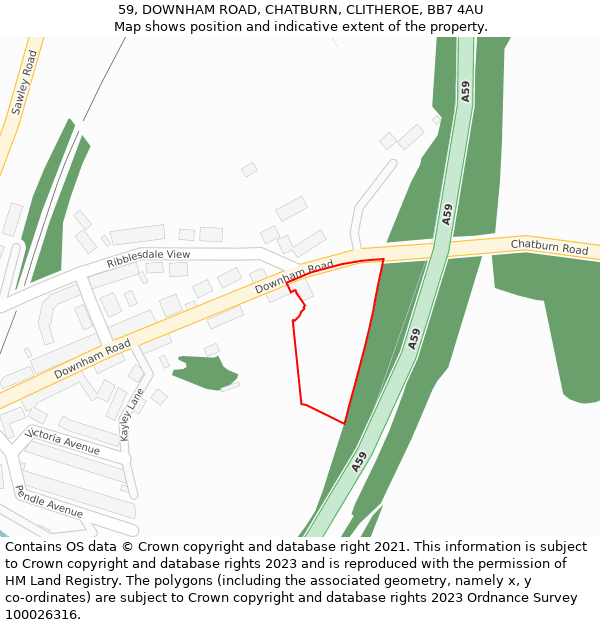 59, DOWNHAM ROAD, CHATBURN, CLITHEROE, BB7 4AU: Location map and indicative extent of plot