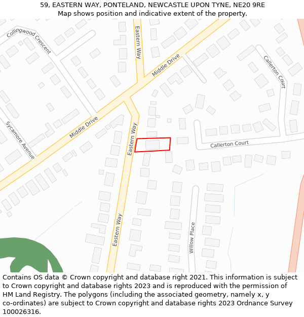 59, EASTERN WAY, PONTELAND, NEWCASTLE UPON TYNE, NE20 9RE: Location map and indicative extent of plot
