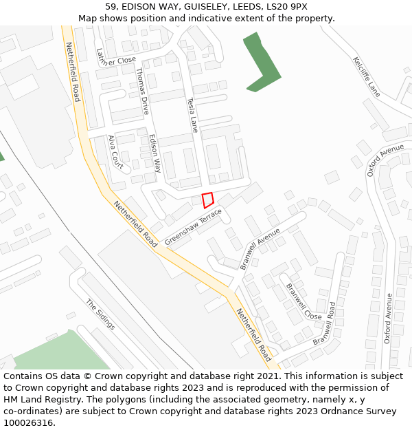 59, EDISON WAY, GUISELEY, LEEDS, LS20 9PX: Location map and indicative extent of plot