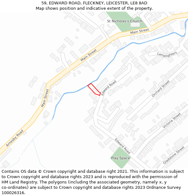 59, EDWARD ROAD, FLECKNEY, LEICESTER, LE8 8AD: Location map and indicative extent of plot