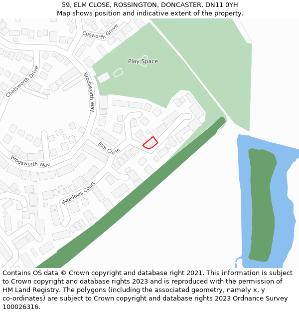 59, ELM CLOSE, ROSSINGTON, DONCASTER, DN11 0YH: Location map and indicative extent of plot