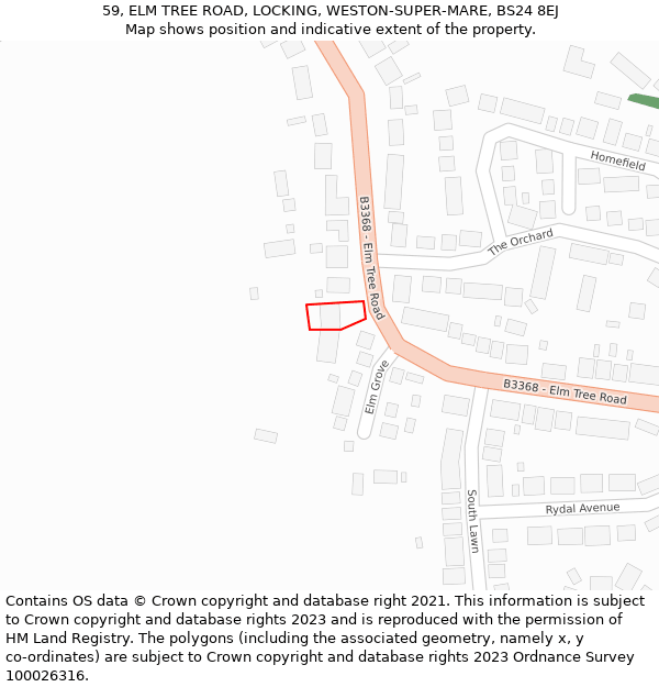 59, ELM TREE ROAD, LOCKING, WESTON-SUPER-MARE, BS24 8EJ: Location map and indicative extent of plot