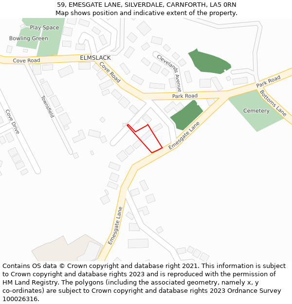 59, EMESGATE LANE, SILVERDALE, CARNFORTH, LA5 0RN: Location map and indicative extent of plot