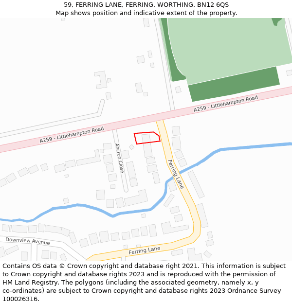 59, FERRING LANE, FERRING, WORTHING, BN12 6QS: Location map and indicative extent of plot