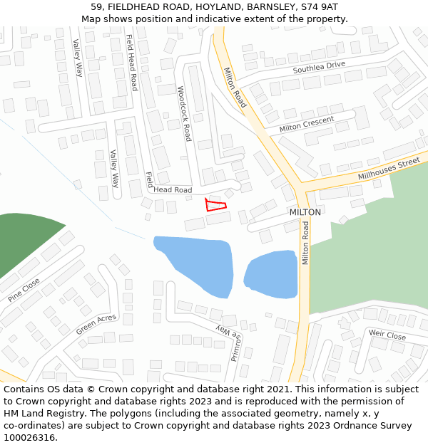 59, FIELDHEAD ROAD, HOYLAND, BARNSLEY, S74 9AT: Location map and indicative extent of plot