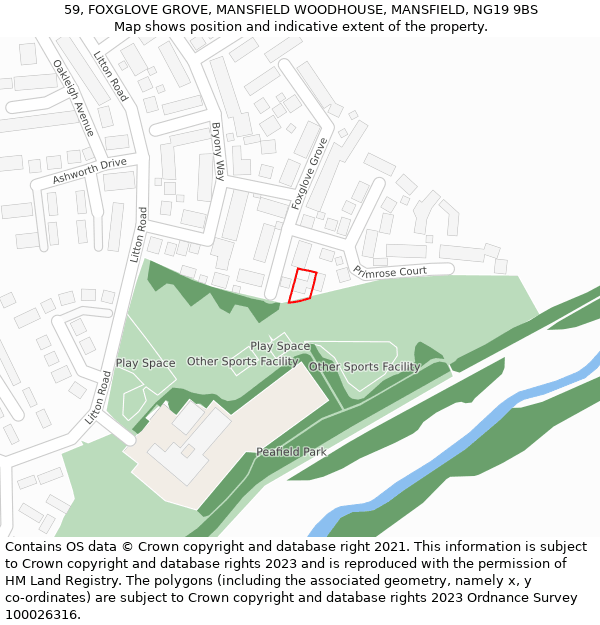 59, FOXGLOVE GROVE, MANSFIELD WOODHOUSE, MANSFIELD, NG19 9BS: Location map and indicative extent of plot