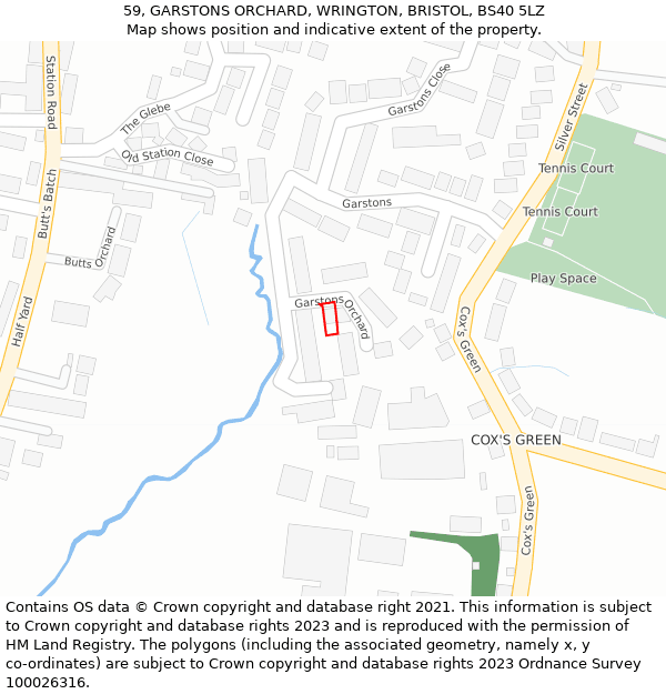 59, GARSTONS ORCHARD, WRINGTON, BRISTOL, BS40 5LZ: Location map and indicative extent of plot