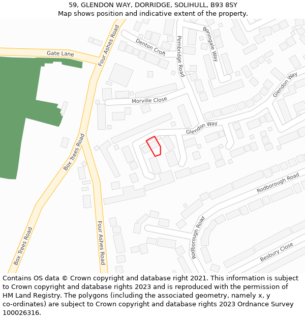 59, GLENDON WAY, DORRIDGE, SOLIHULL, B93 8SY: Location map and indicative extent of plot