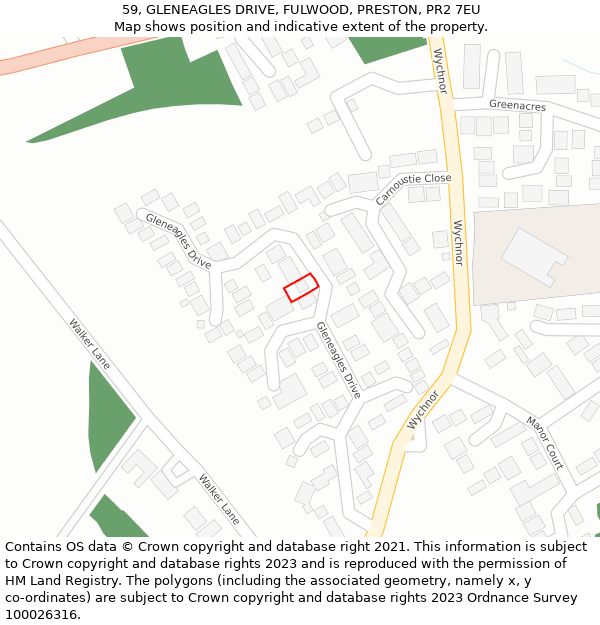 59, GLENEAGLES DRIVE, FULWOOD, PRESTON, PR2 7EU: Location map and indicative extent of plot