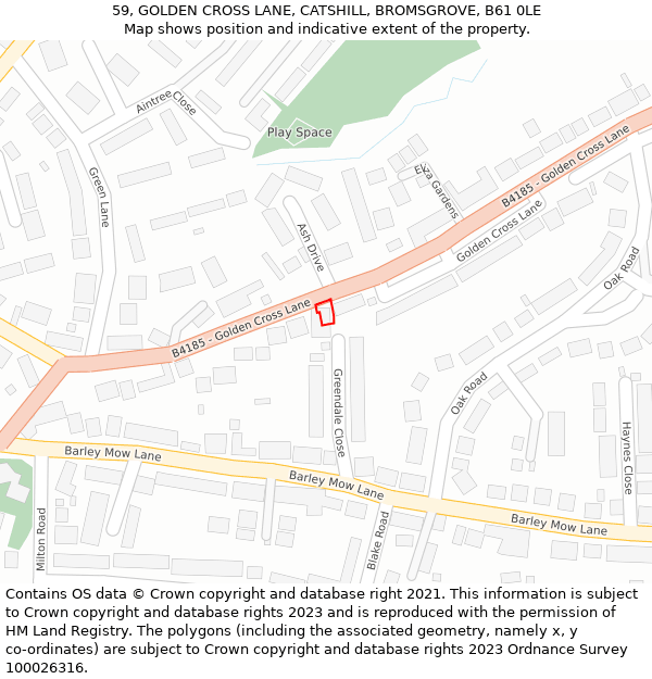 59, GOLDEN CROSS LANE, CATSHILL, BROMSGROVE, B61 0LE: Location map and indicative extent of plot
