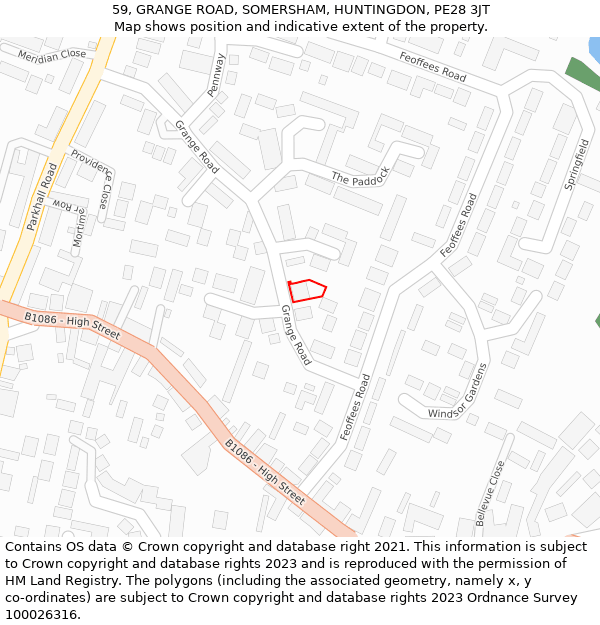 59, GRANGE ROAD, SOMERSHAM, HUNTINGDON, PE28 3JT: Location map and indicative extent of plot