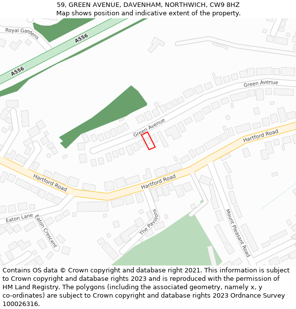 59, GREEN AVENUE, DAVENHAM, NORTHWICH, CW9 8HZ: Location map and indicative extent of plot