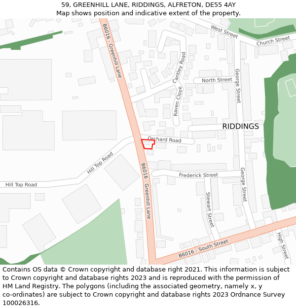 59, GREENHILL LANE, RIDDINGS, ALFRETON, DE55 4AY: Location map and indicative extent of plot