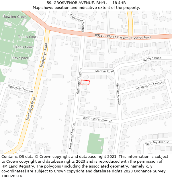 59, GROSVENOR AVENUE, RHYL, LL18 4HB: Location map and indicative extent of plot