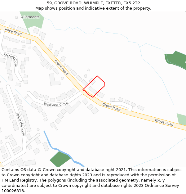 59, GROVE ROAD, WHIMPLE, EXETER, EX5 2TP: Location map and indicative extent of plot
