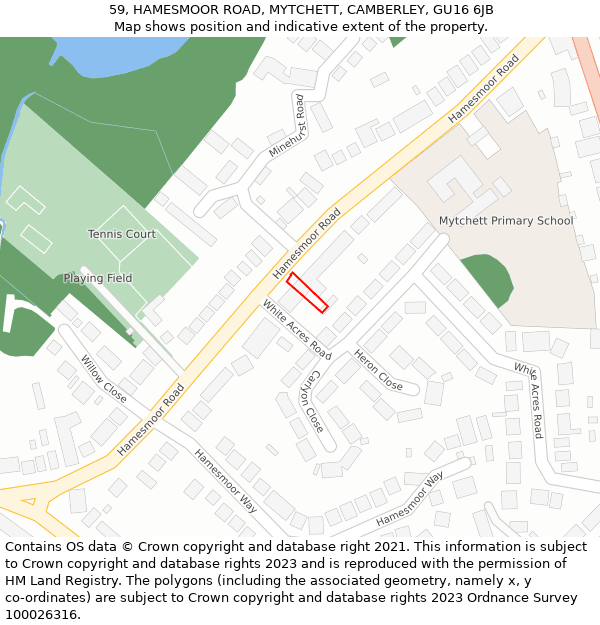 59, HAMESMOOR ROAD, MYTCHETT, CAMBERLEY, GU16 6JB: Location map and indicative extent of plot