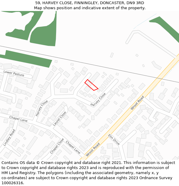 59, HARVEY CLOSE, FINNINGLEY, DONCASTER, DN9 3RD: Location map and indicative extent of plot