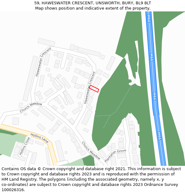 59, HAWESWATER CRESCENT, UNSWORTH, BURY, BL9 8LT: Location map and indicative extent of plot