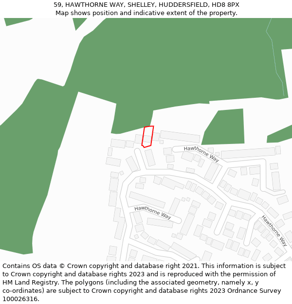 59, HAWTHORNE WAY, SHELLEY, HUDDERSFIELD, HD8 8PX: Location map and indicative extent of plot