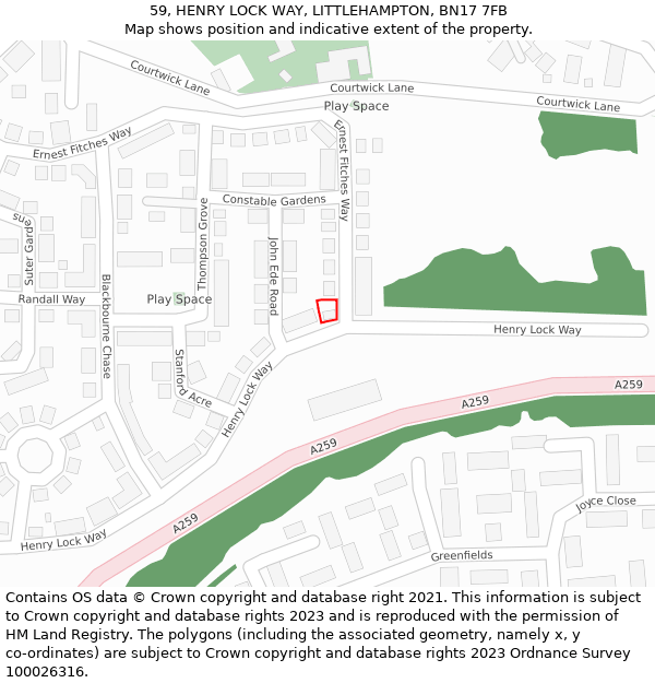 59, HENRY LOCK WAY, LITTLEHAMPTON, BN17 7FB: Location map and indicative extent of plot