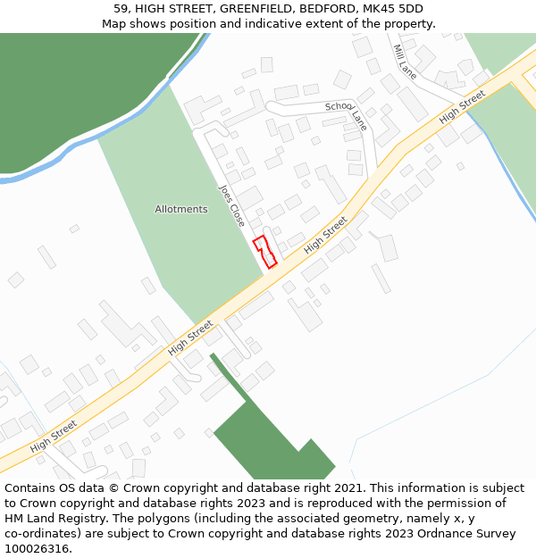 59, HIGH STREET, GREENFIELD, BEDFORD, MK45 5DD: Location map and indicative extent of plot