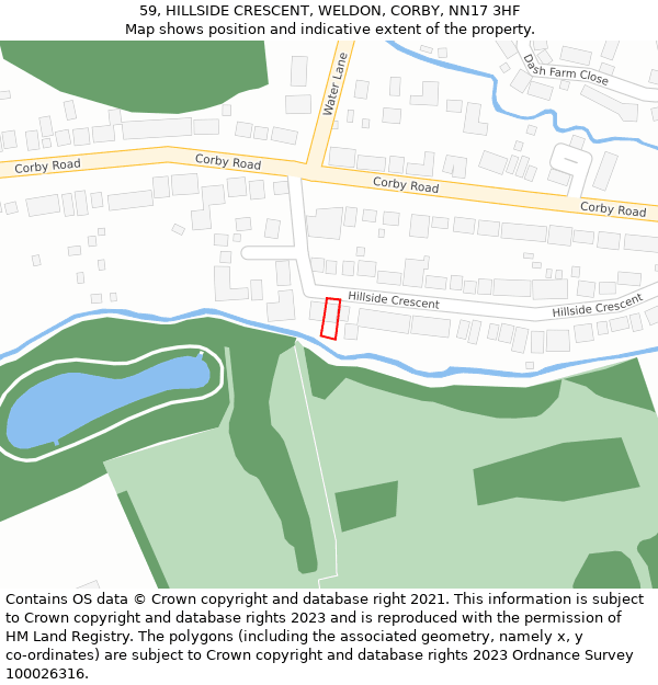 59, HILLSIDE CRESCENT, WELDON, CORBY, NN17 3HF: Location map and indicative extent of plot