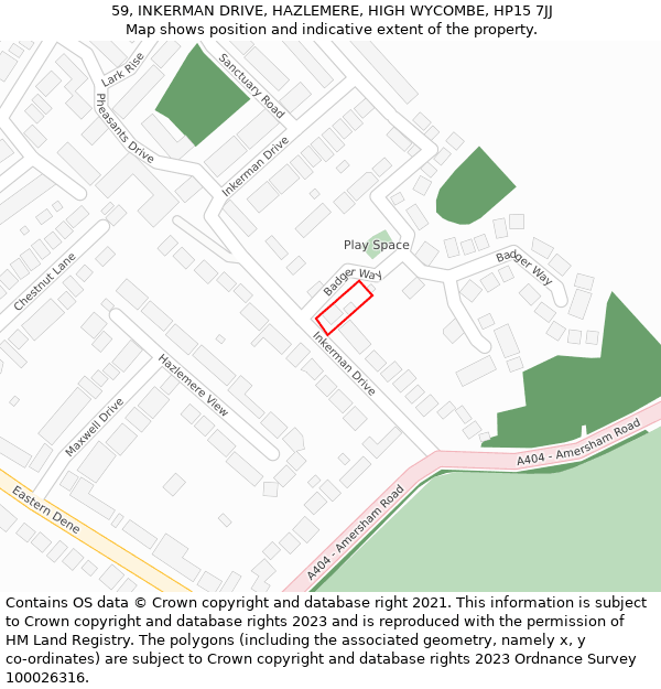 59, INKERMAN DRIVE, HAZLEMERE, HIGH WYCOMBE, HP15 7JJ: Location map and indicative extent of plot