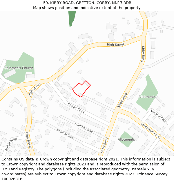 59, KIRBY ROAD, GRETTON, CORBY, NN17 3DB: Location map and indicative extent of plot