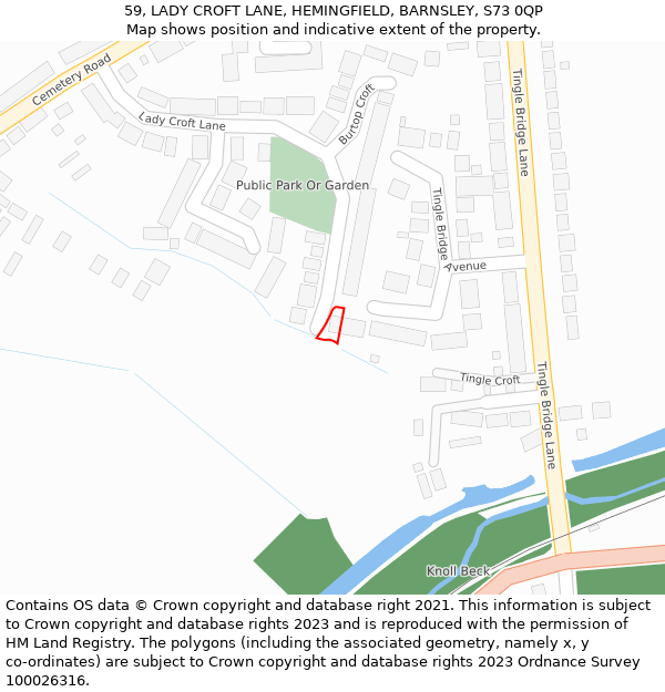 59, LADY CROFT LANE, HEMINGFIELD, BARNSLEY, S73 0QP: Location map and indicative extent of plot