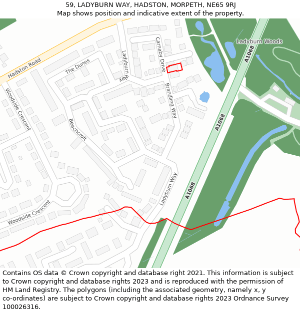 59, LADYBURN WAY, HADSTON, MORPETH, NE65 9RJ: Location map and indicative extent of plot