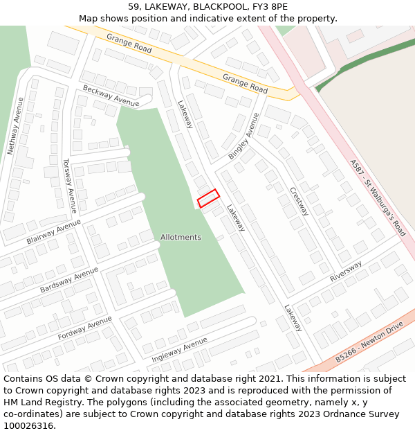 59, LAKEWAY, BLACKPOOL, FY3 8PE: Location map and indicative extent of plot