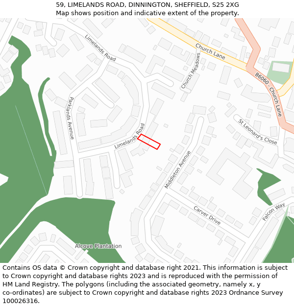 59, LIMELANDS ROAD, DINNINGTON, SHEFFIELD, S25 2XG: Location map and indicative extent of plot