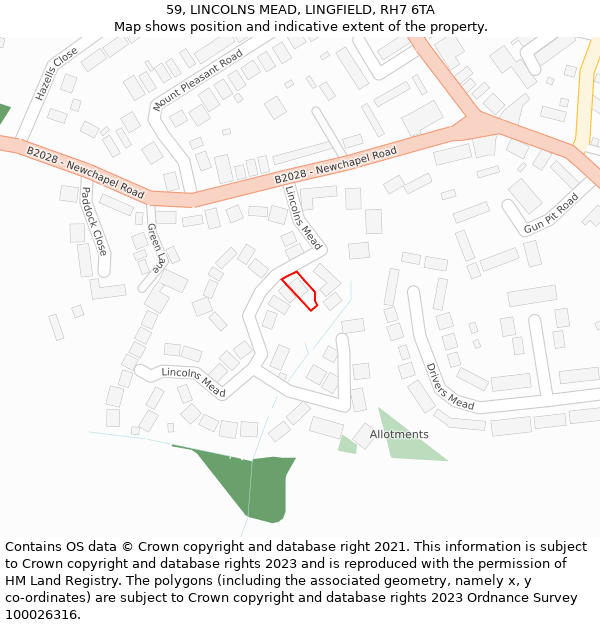 59, LINCOLNS MEAD, LINGFIELD, RH7 6TA: Location map and indicative extent of plot