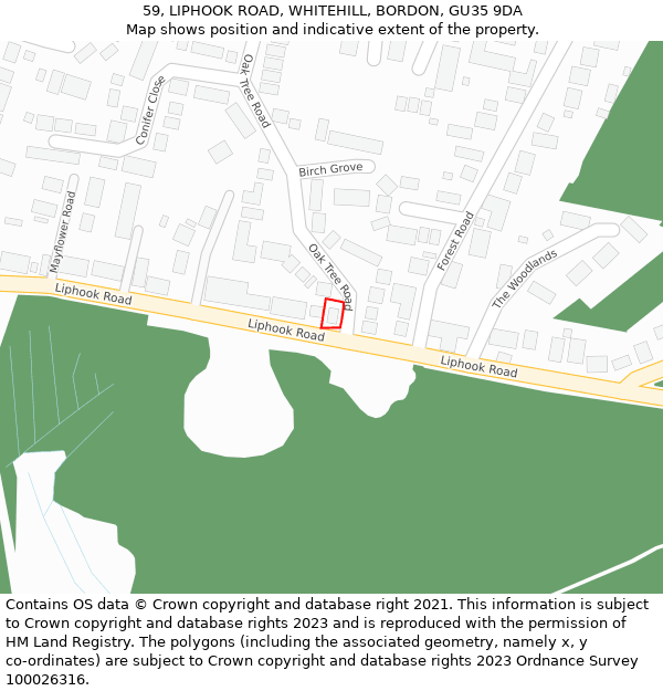 59, LIPHOOK ROAD, WHITEHILL, BORDON, GU35 9DA: Location map and indicative extent of plot