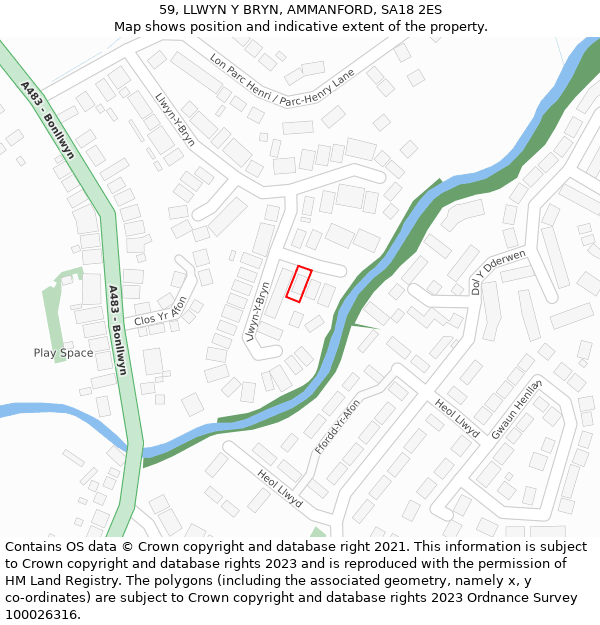 59, LLWYN Y BRYN, AMMANFORD, SA18 2ES: Location map and indicative extent of plot