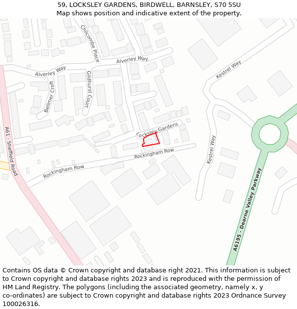 59, LOCKSLEY GARDENS, BIRDWELL, BARNSLEY, S70 5SU: Location map and indicative extent of plot