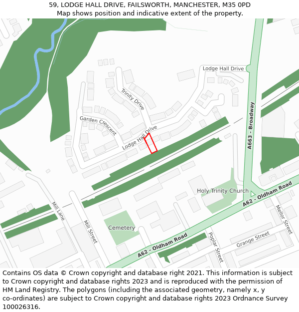 59, LODGE HALL DRIVE, FAILSWORTH, MANCHESTER, M35 0PD: Location map and indicative extent of plot