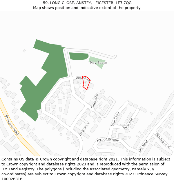 59, LONG CLOSE, ANSTEY, LEICESTER, LE7 7QG: Location map and indicative extent of plot