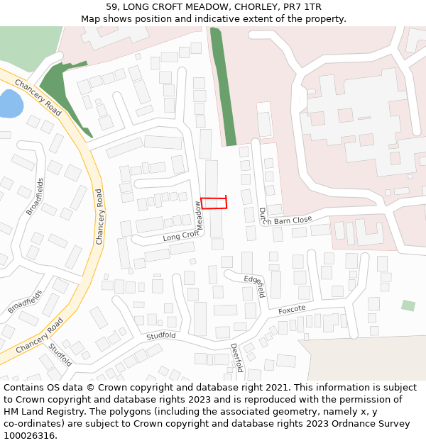 59, LONG CROFT MEADOW, CHORLEY, PR7 1TR: Location map and indicative extent of plot