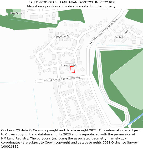 59, LONYDD GLAS, LLANHARAN, PONTYCLUN, CF72 9FZ: Location map and indicative extent of plot