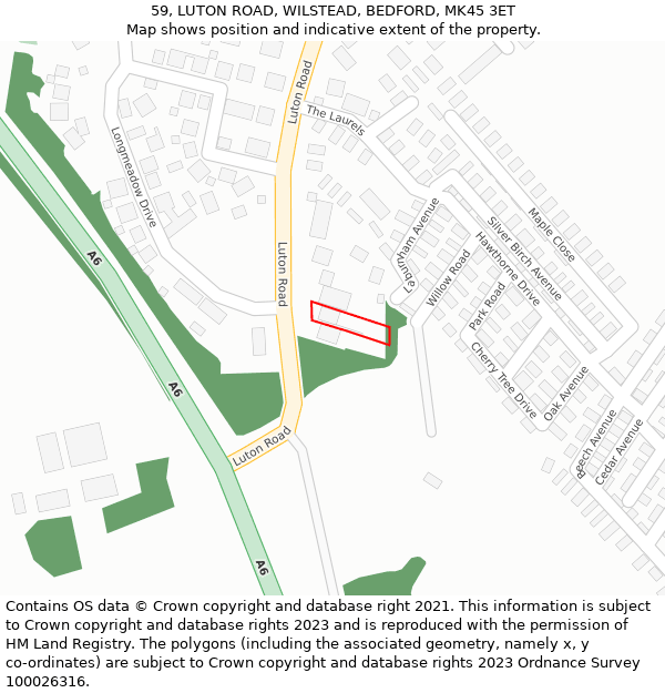 59, LUTON ROAD, WILSTEAD, BEDFORD, MK45 3ET: Location map and indicative extent of plot