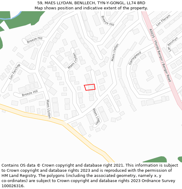 59, MAES LLYDAN, BENLLECH, TYN-Y-GONGL, LL74 8RD: Location map and indicative extent of plot