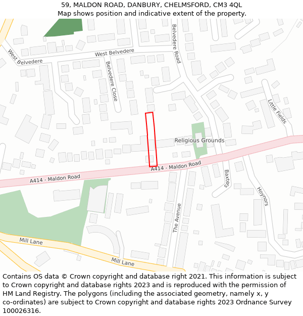 59, MALDON ROAD, DANBURY, CHELMSFORD, CM3 4QL: Location map and indicative extent of plot