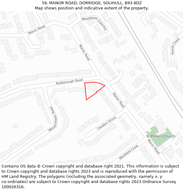 59, MANOR ROAD, DORRIDGE, SOLIHULL, B93 8DZ: Location map and indicative extent of plot