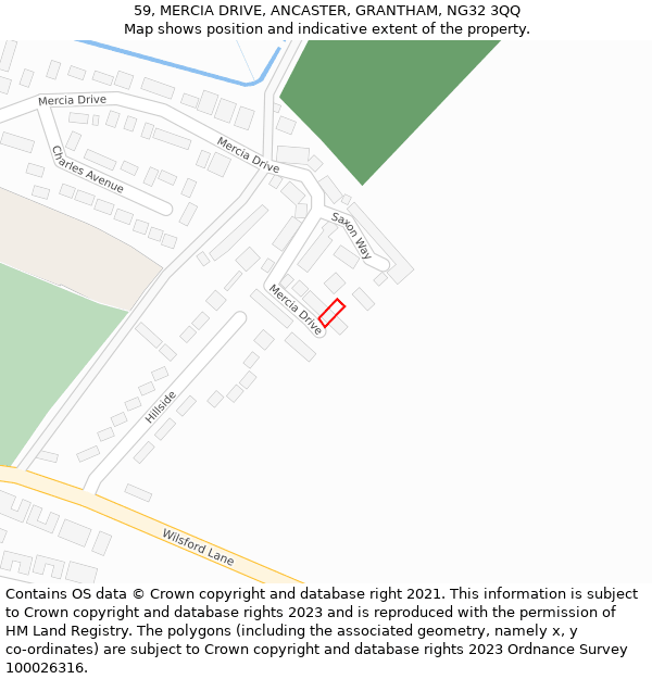 59, MERCIA DRIVE, ANCASTER, GRANTHAM, NG32 3QQ: Location map and indicative extent of plot