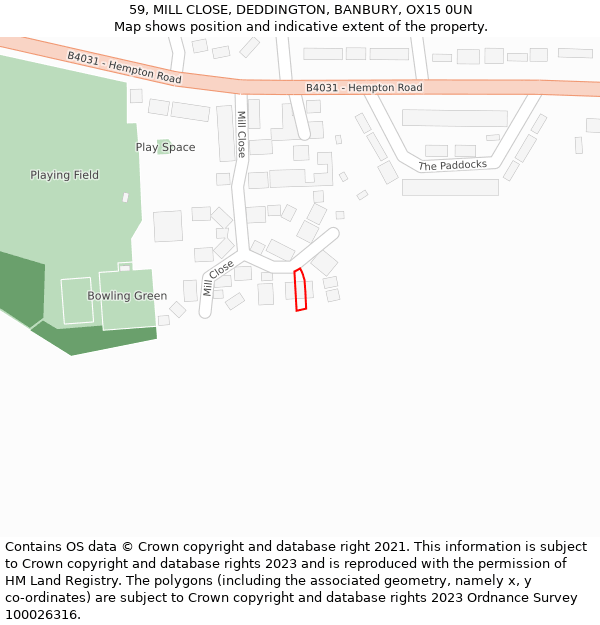 59, MILL CLOSE, DEDDINGTON, BANBURY, OX15 0UN: Location map and indicative extent of plot