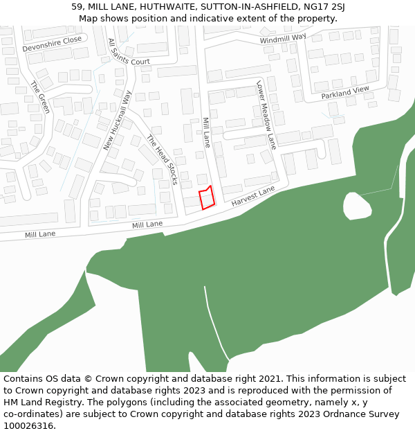 59, MILL LANE, HUTHWAITE, SUTTON-IN-ASHFIELD, NG17 2SJ: Location map and indicative extent of plot