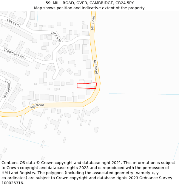 59, MILL ROAD, OVER, CAMBRIDGE, CB24 5PY: Location map and indicative extent of plot