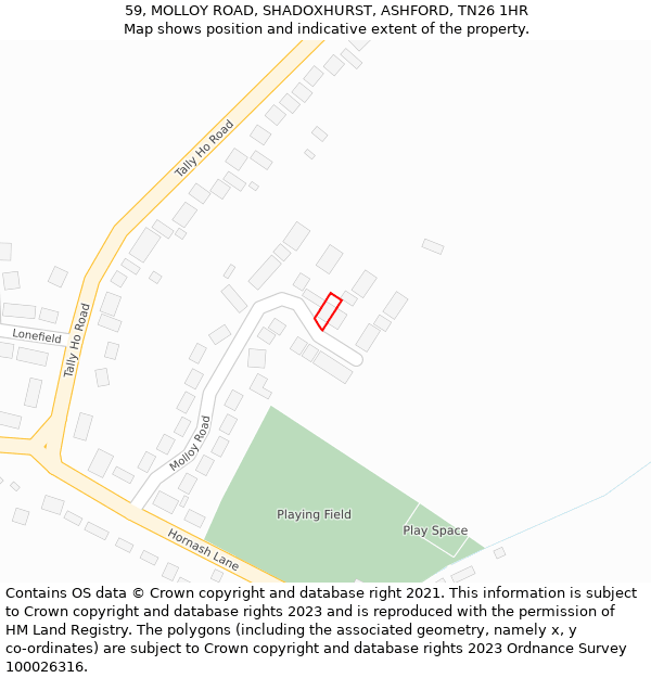 59, MOLLOY ROAD, SHADOXHURST, ASHFORD, TN26 1HR: Location map and indicative extent of plot